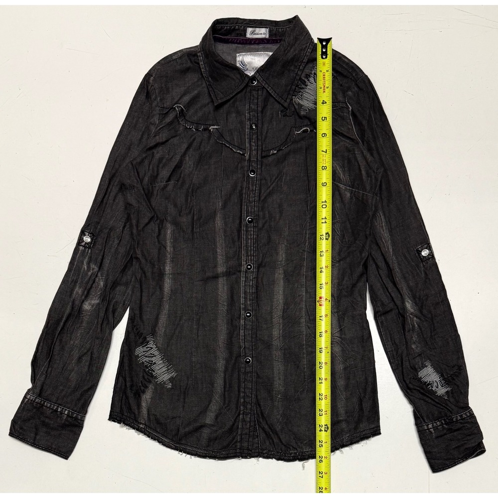 Y2K Roar Dita Womens Black Distressed Western Button Down Shirt Small NWT